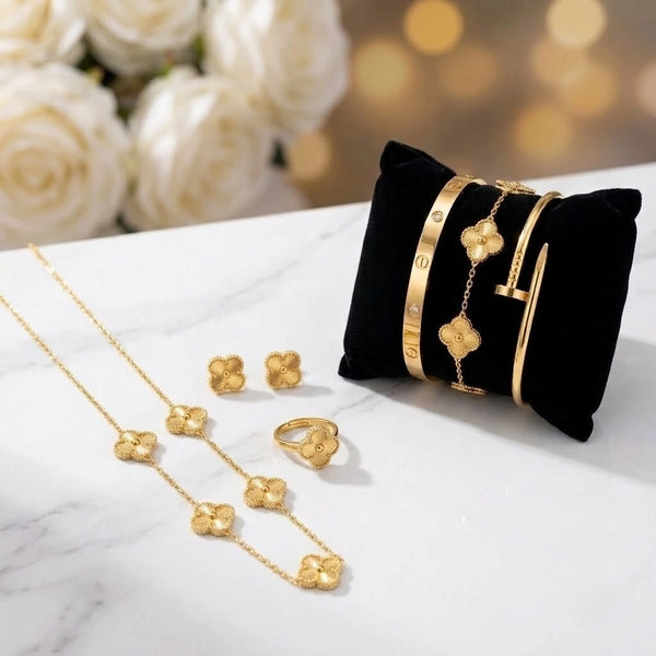 Anti-Tarnish Gold Plated Clover & Bangle Jewelry Set Combo (6-Pieces)