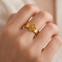 Anti-Tarnish Gold Plated Clover Motif Ring - Adjustable Floral Band