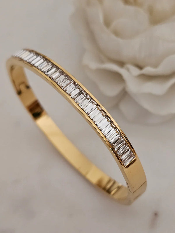 Side angle of anti tarnish gold plated crystal bracelet