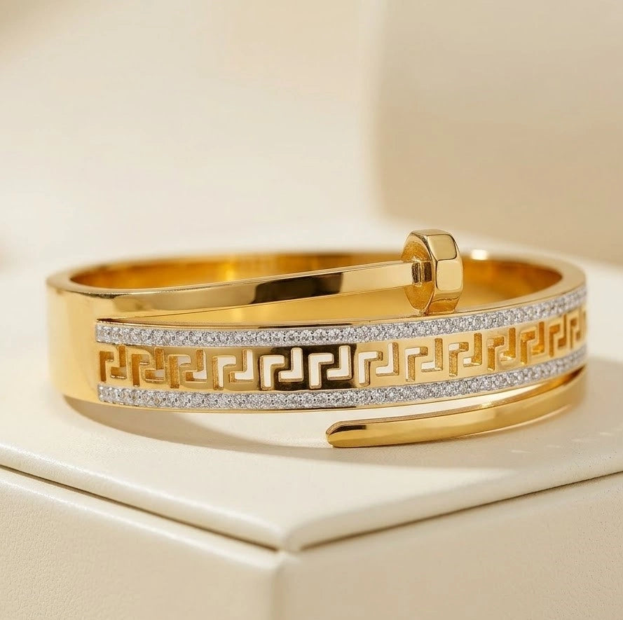 Greek Key Nail Wrap Cuff - Anti Tarnish Gold Plated Bracelet