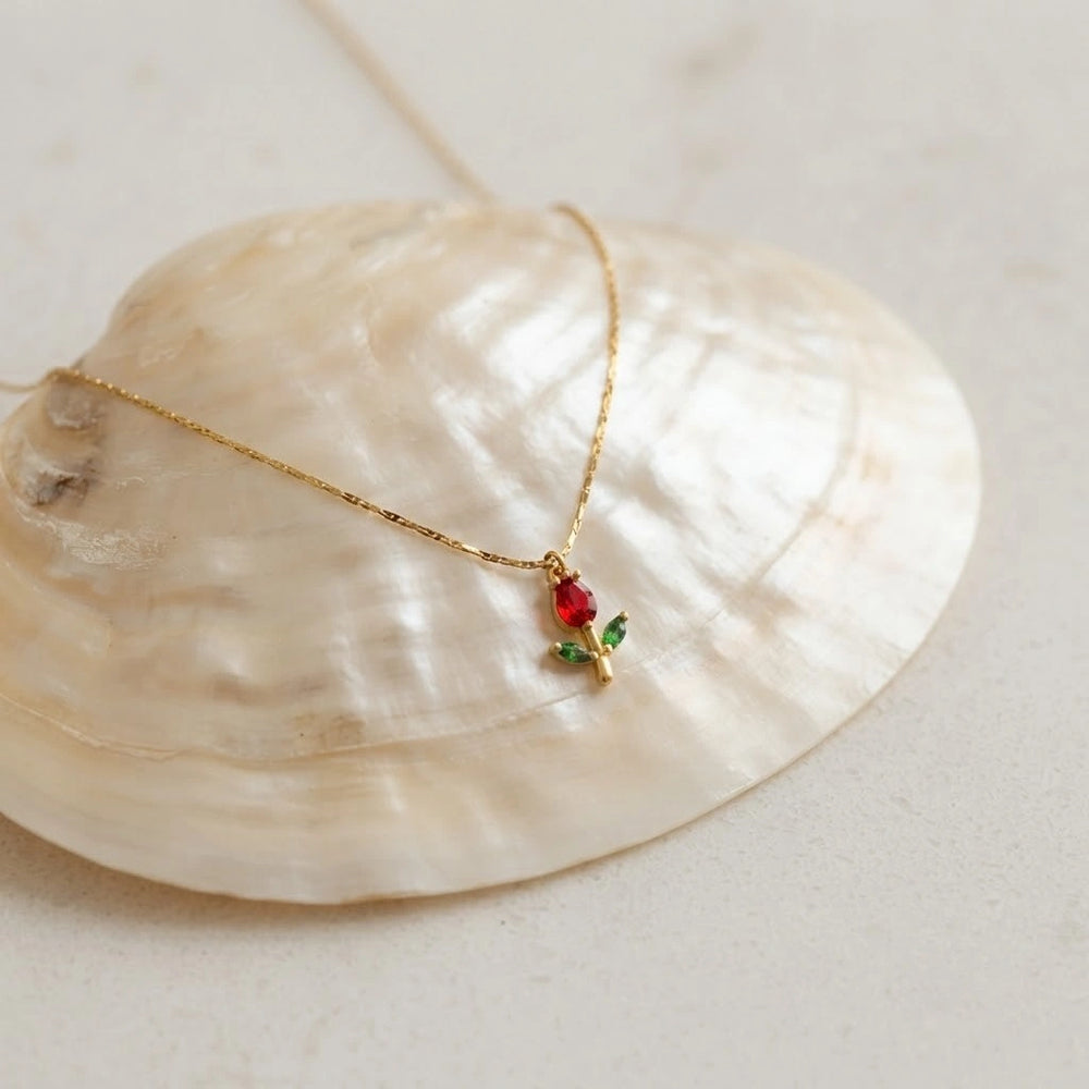 Dainty Red Rose Pendant Necklace - Anti Tarnish Gold Plated