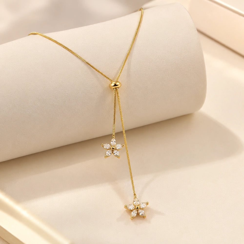 Dainty Floral Lariat Y-Necklace - Anti-Tarnish Gold Plated