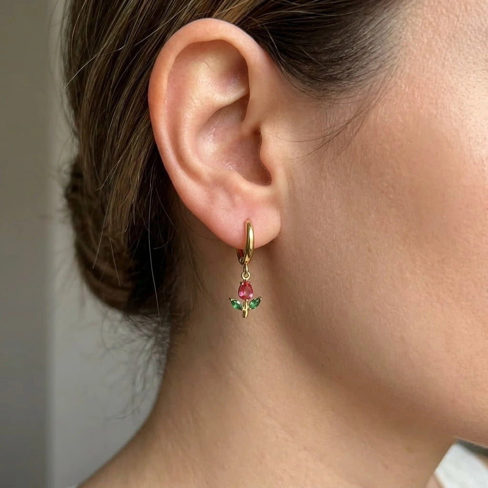 Tulip Floral Drop Anti Tarnish Gold Plated Hoop Earrings