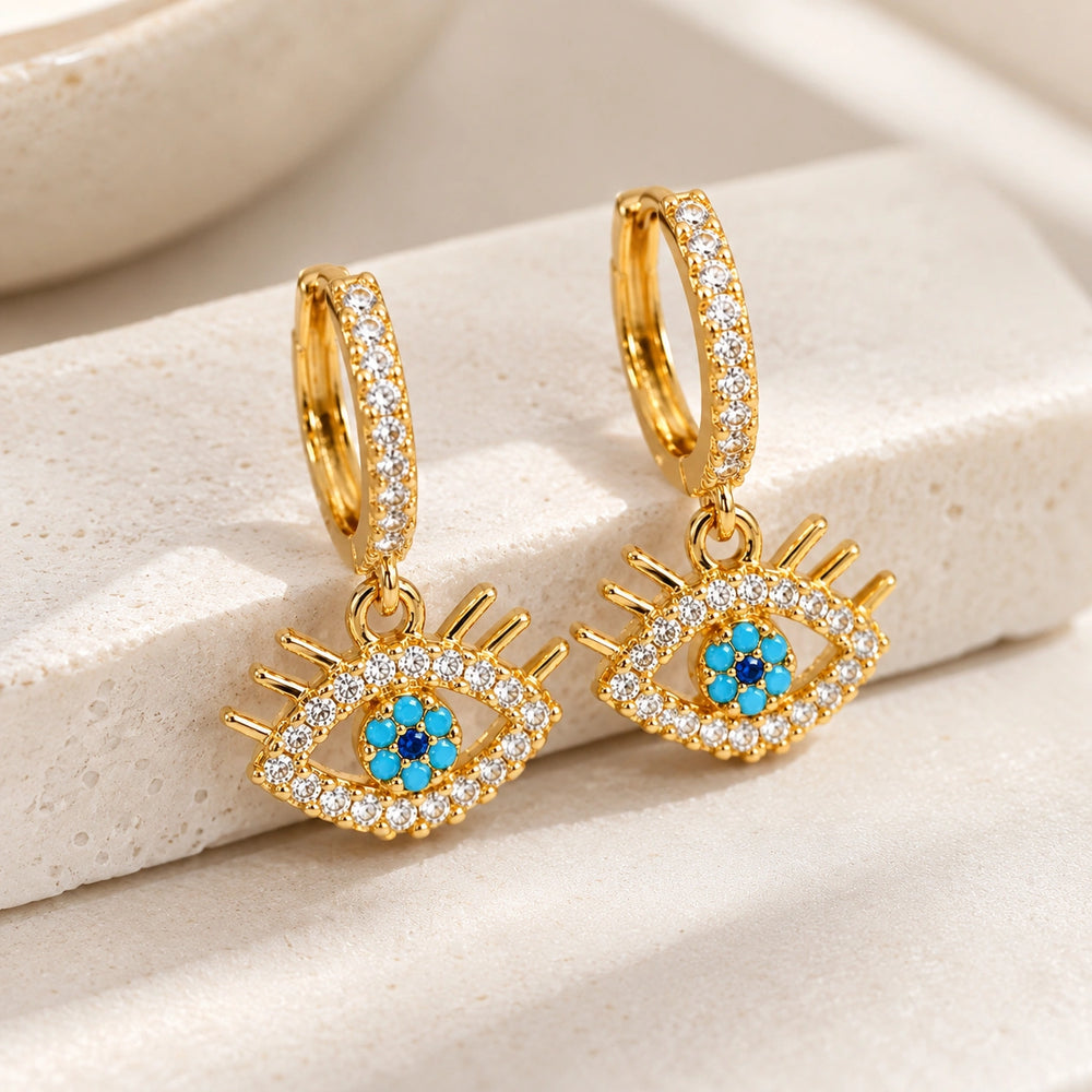 Evil Eye Dangle Hoop Earrings | Anti Tarnish Gold Plated | Minimalist Everyday Jewelry
