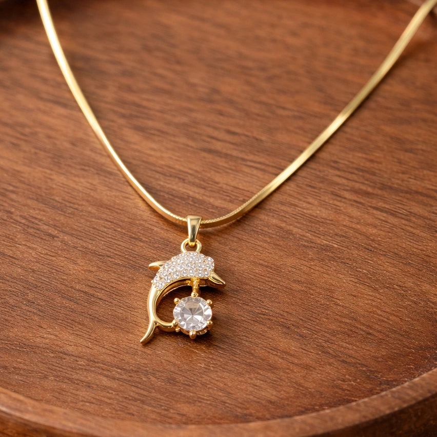 Dolphin Pendant Necklace - Anti-Tarnish Gold Plated with CZ Stone