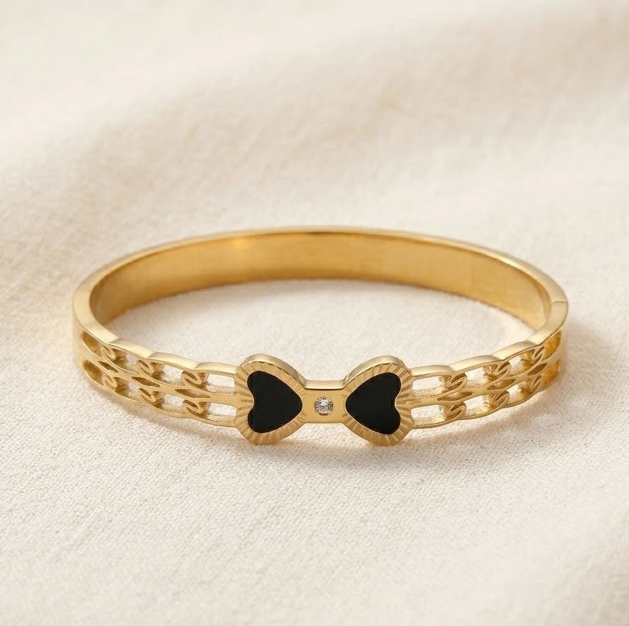 Black Enamel Bow Cuff Bracelet - Anti-Tarnish Gold Plated Bangle for Women