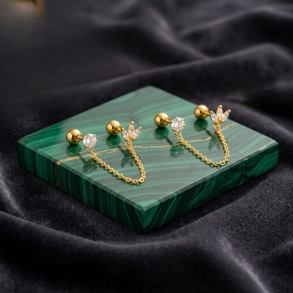 Double Piercing Chain Earrings - Anti Tarnish 18K Gold Plated CZ Marquise Helix to Lobe Studs