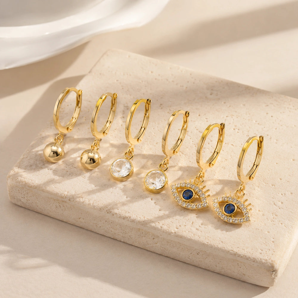 Evil Eye & Minimalist Hoop Earrings Set of 3 - Anti Tarnish Gold Plated