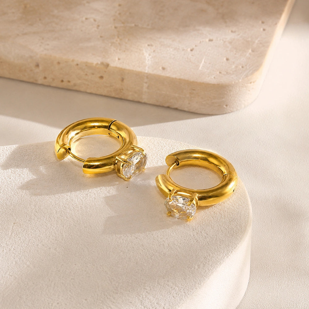 Solitaire Stone Hoop Earrings - Anti Tarnish Gold Plated