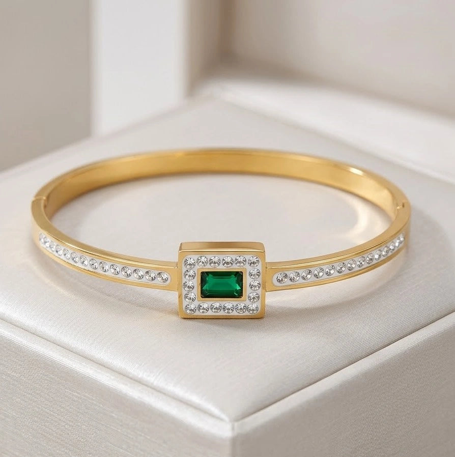 Emerald Green Square Halo Cuff - Anti-Tarnish Gold Plated Bracelet