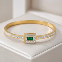 Emerald Green Square Halo Cuff - Anti-Tarnish Gold Plated Bracelet