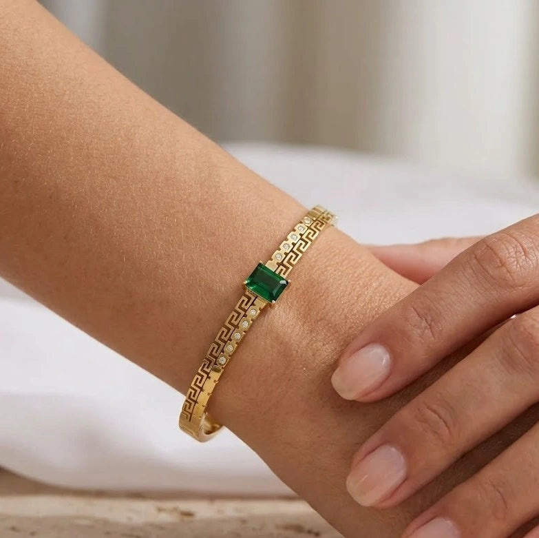 Emerald Green Stone Greek Key Bangle - Anti-Tarnish Gold-Plated Bracelet