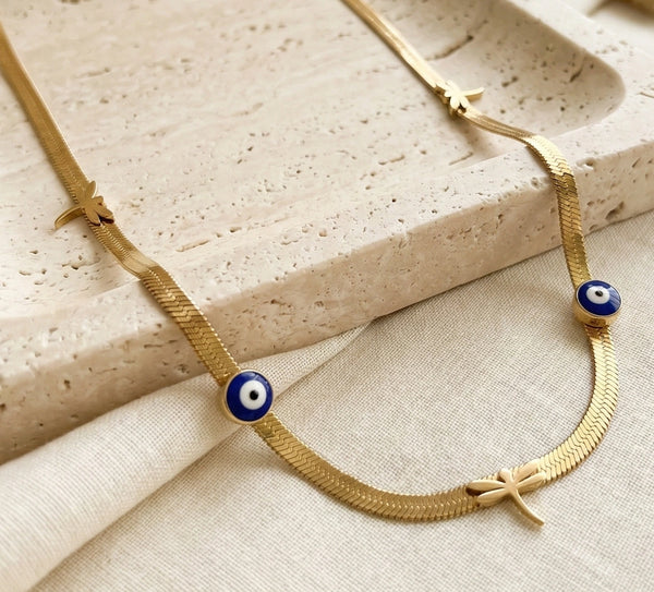 Anti-Tarnish Evil Eye & Dragonfly Herringbone Necklace - Gold Plated