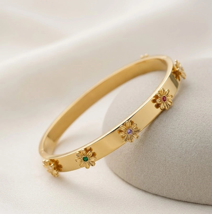 Multi-Color Flower Anti-Tarnish Gold Plated Bangle Bracelet