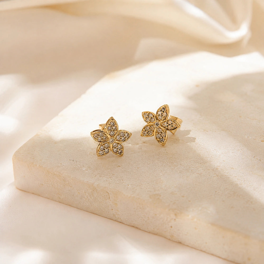 Crystal Blossom Floral Stud Earrings - Anti-Tarnish Gold-Plated