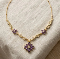 Purple Floral Vine Anti-Tarnish Gold-Plated Necklace