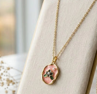 Pink Floral Enamel Pendant Necklace - Anti Tarnish Gold Plated