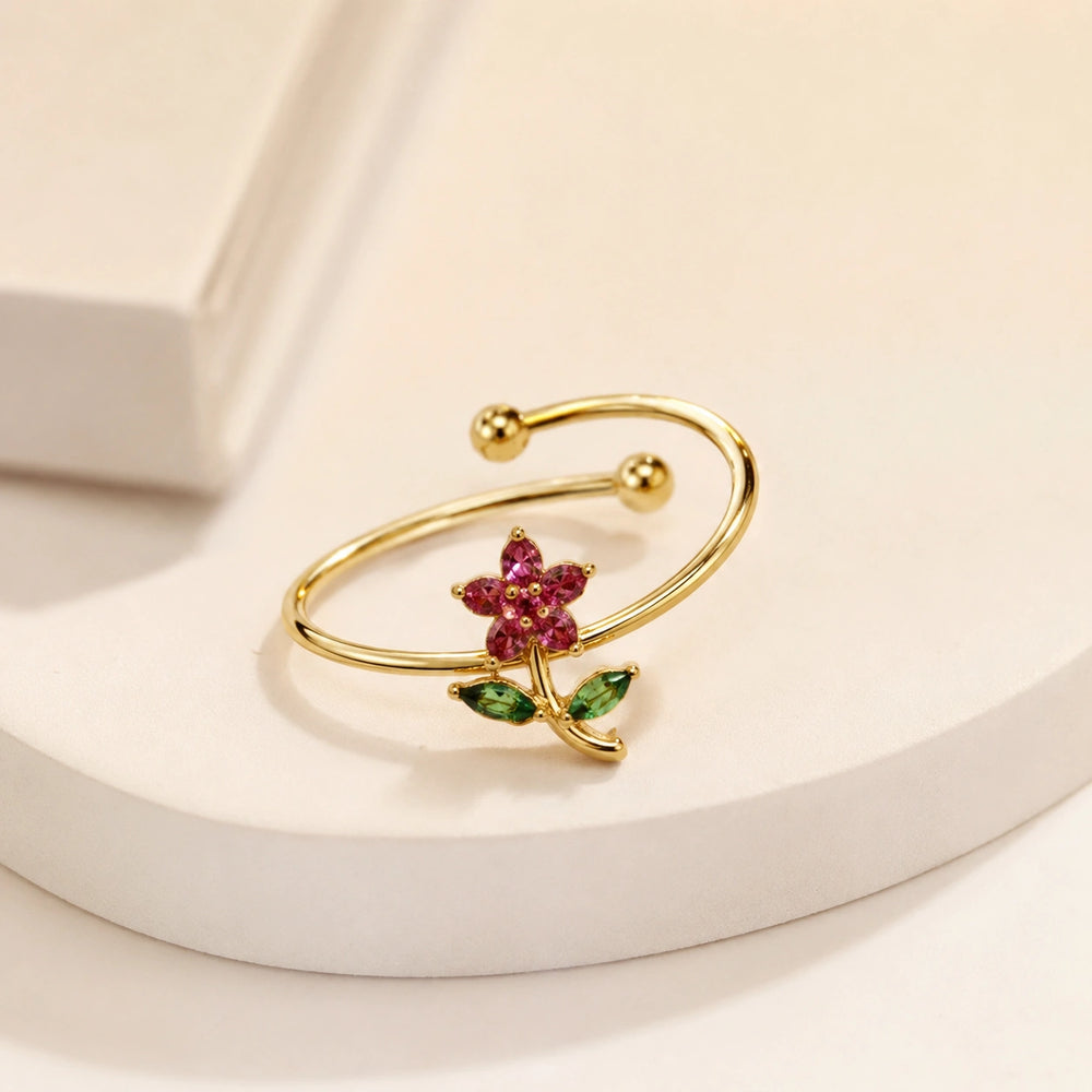 Pink Floral Adjustable Ring | Anti-Tarnish Gold Plated