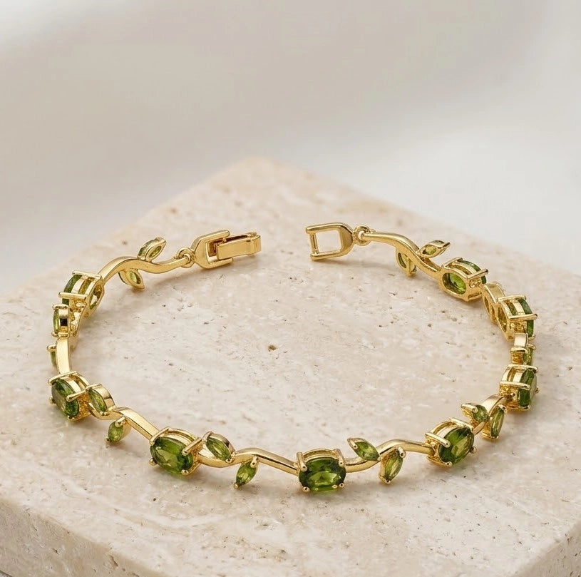 Vine Leaf Green Stone Bracelet | Elegant Gold Plated Accessory