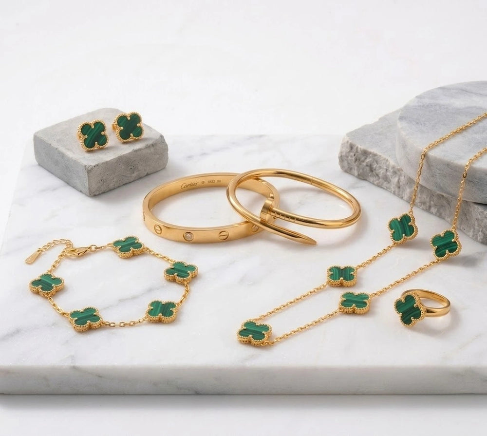 Emerald Green Clover 6-Piece Set - Anti Tarnish Gold Plated