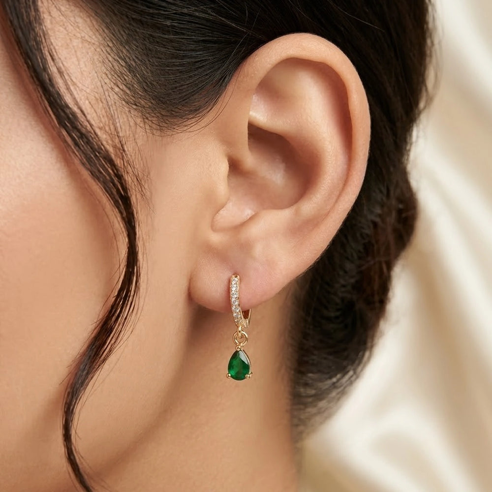 Emerald Green Teardrop Hoop Earrings | Anti Tarnish Gold Plated