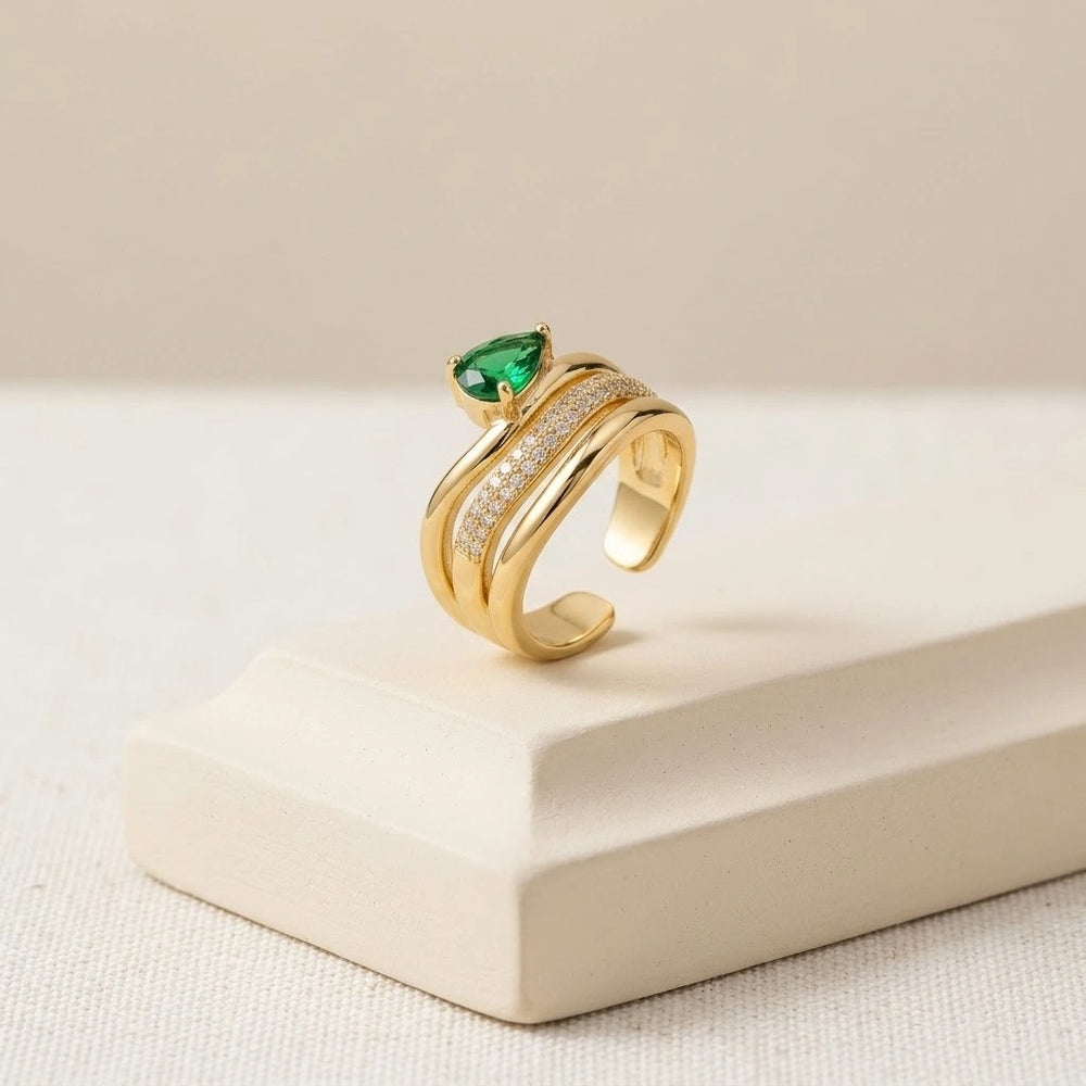 Emerald Green Teardrop Multi-Layer Statement Ring | Anti-Tarnish Gold-Plated