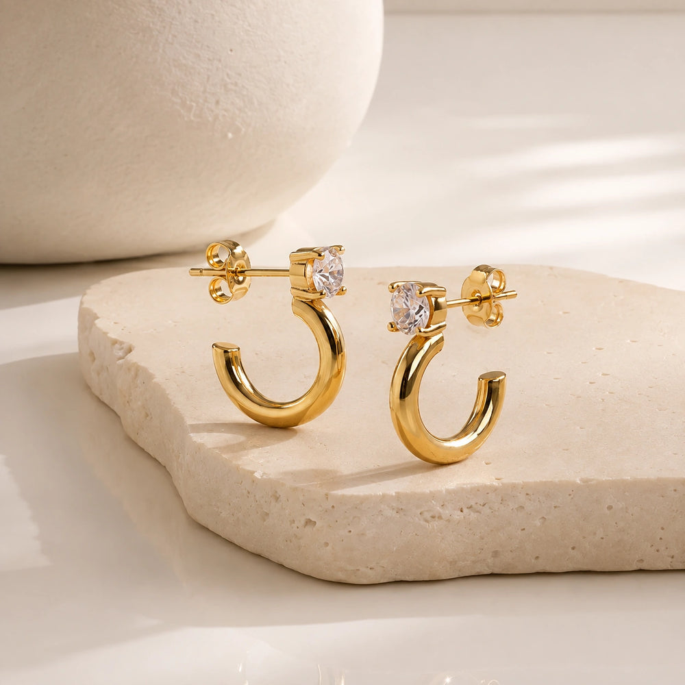 Crystal Solitaire C-Hoop Earrings | Anti Tarnish Gold Plated