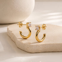 Crystal Solitaire C-Hoop Earrings | Anti Tarnish Gold Plated