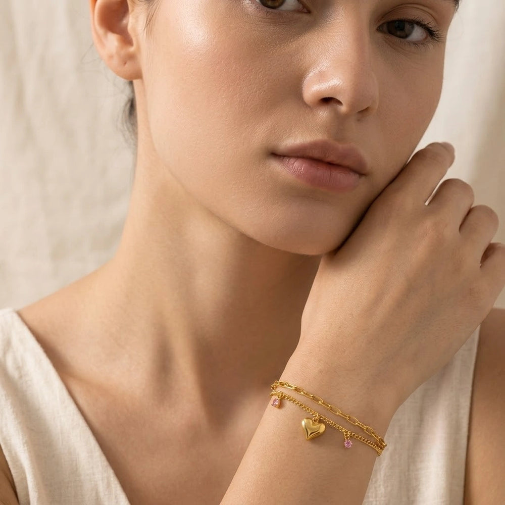 Korean Double Layer Heart & Pink Gem Anti Tarnish Gold Plated Bracelet