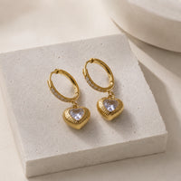 Crystal Heart Dangle Hoop Earrings | Anti-Tarnish Gold Plated
