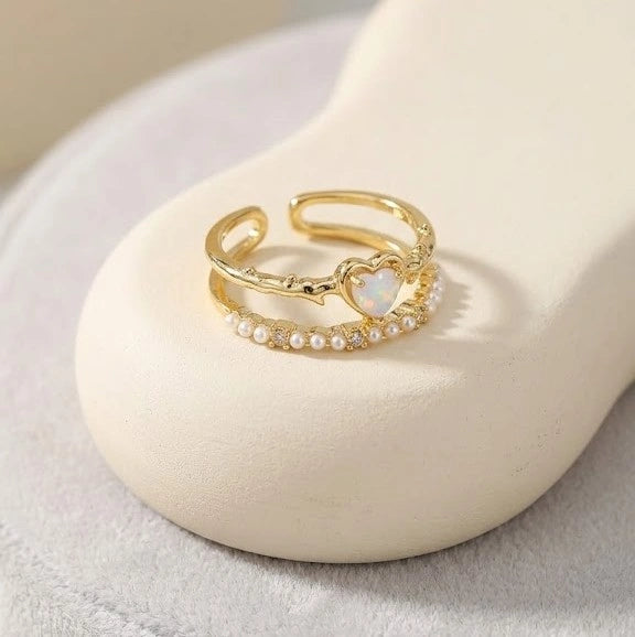 Heart Opal & Pearl Stacking Ring Set | Anti-Tarnish Gold Plated