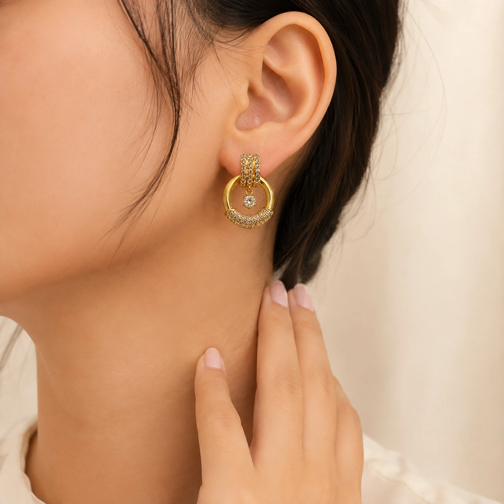 Crystal Dangle Hoop Earrings - Anti Tarnish Gold Plated
