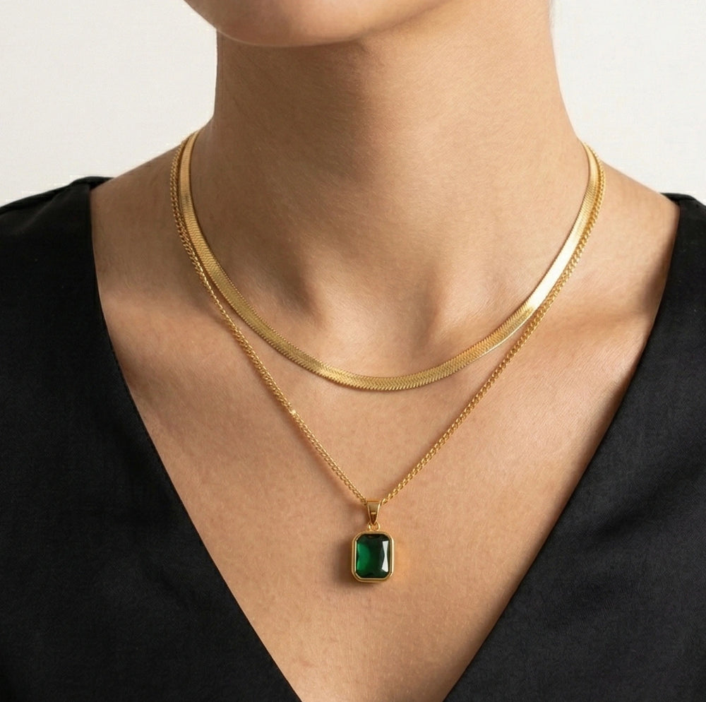 Emerald Cut Green Stone Layered Necklace | Anti-Tarnish Gold Plated