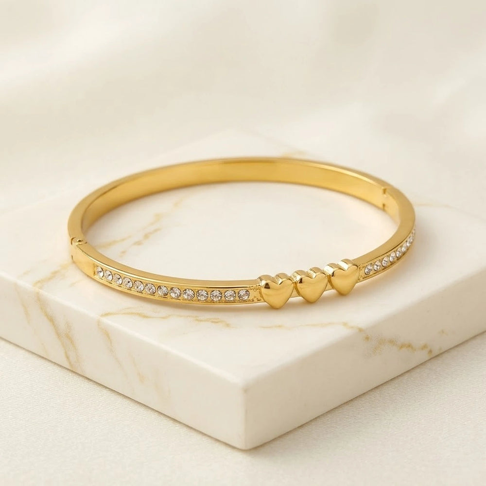 Triple Heart Crystal Bangle | Anti-Tarnish Gold-Plated Bracelet
