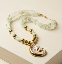 Vintage Swirl Pearl Pendant Ribbon Necklace - Anti-Tarnish Gold Plated