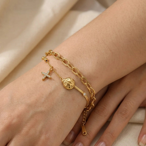 Anti-Tarnish Gold-Plated Layered Charm Bracelet on Wrist
