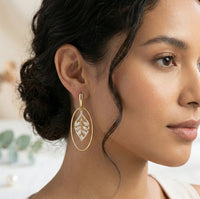 Leaf Motif Crystal Oval Drop Earrings - Anti Tarnish Gold Plated