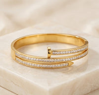 Nail Design Anti-Tarnish Gold Plated Bangle Bracelet for Women - Adjustable Zircon Studded Bracelet