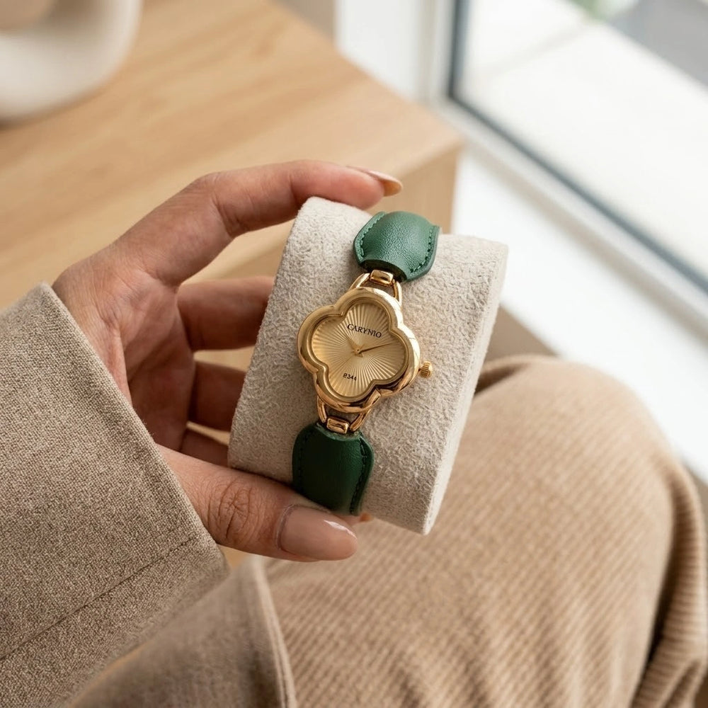Vintage Clover Dial Watch with Green Strap - Anti-Tarnish Gold Plated