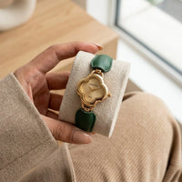 Vintage Clover Dial Watch with Green Strap - Anti-Tarnish Gold Plated