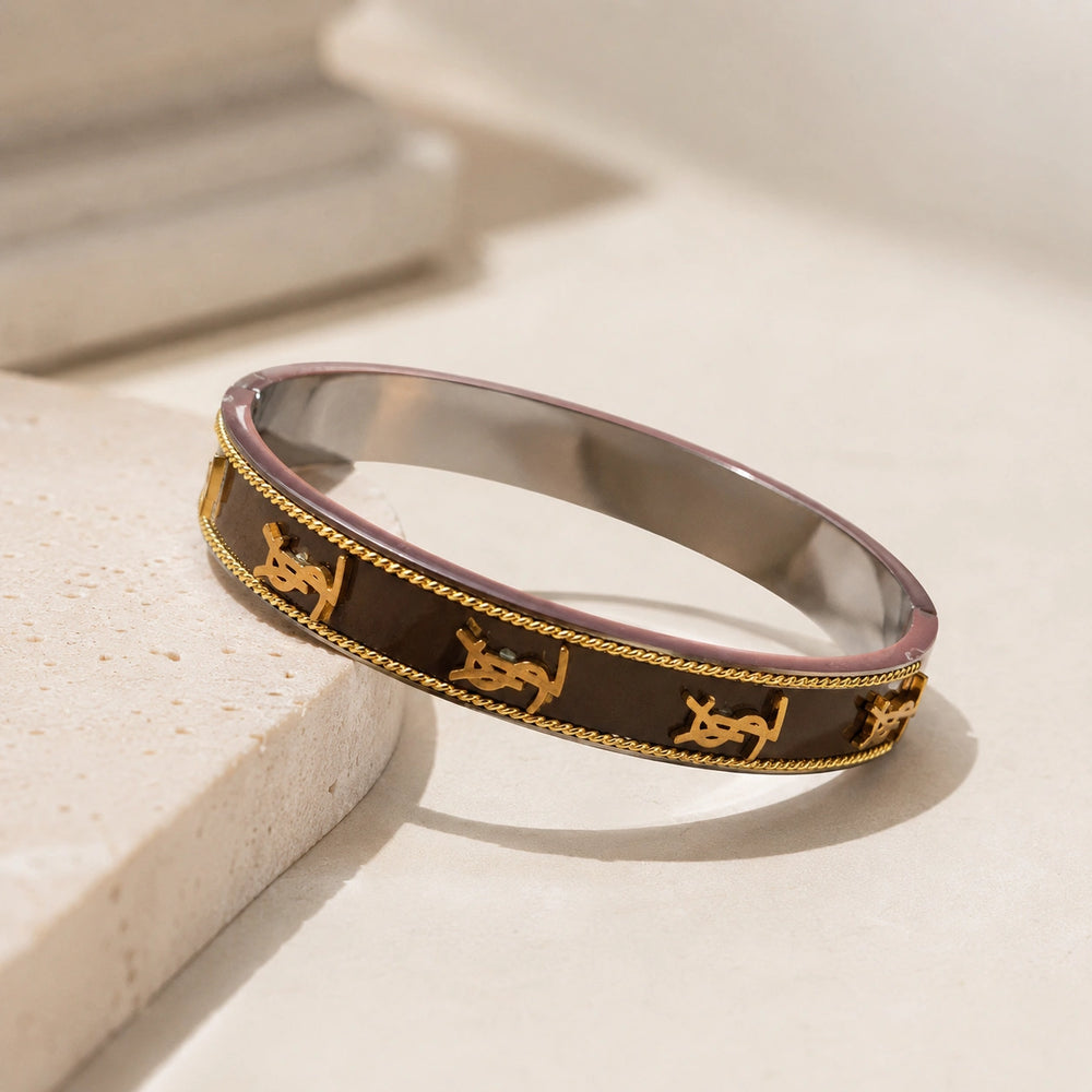 Anti-Tarnish Gold Plated Monogram Bangle - Brown Enamel Vintage Style Bracelet