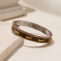 Anti-Tarnish Gold Plated Monogram Bangle - Brown Enamel Vintage Style Bracelet