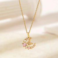 Moon & Butterfly Anti-Tarnish Gold Plated Necklace | Dainty Pink Stone Pendant