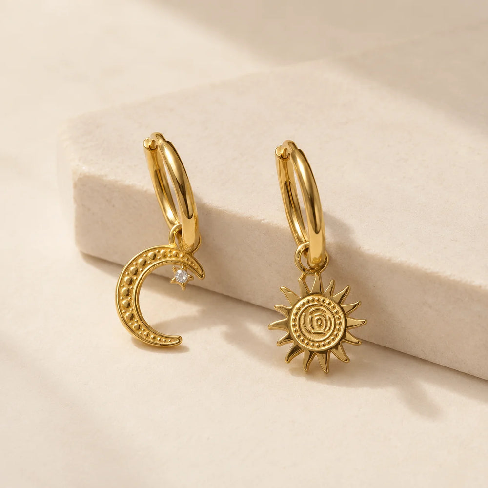 Sun & Moon Asymmetrical Charm Hoops - Anti-Tarnish Gold Plated Earrings