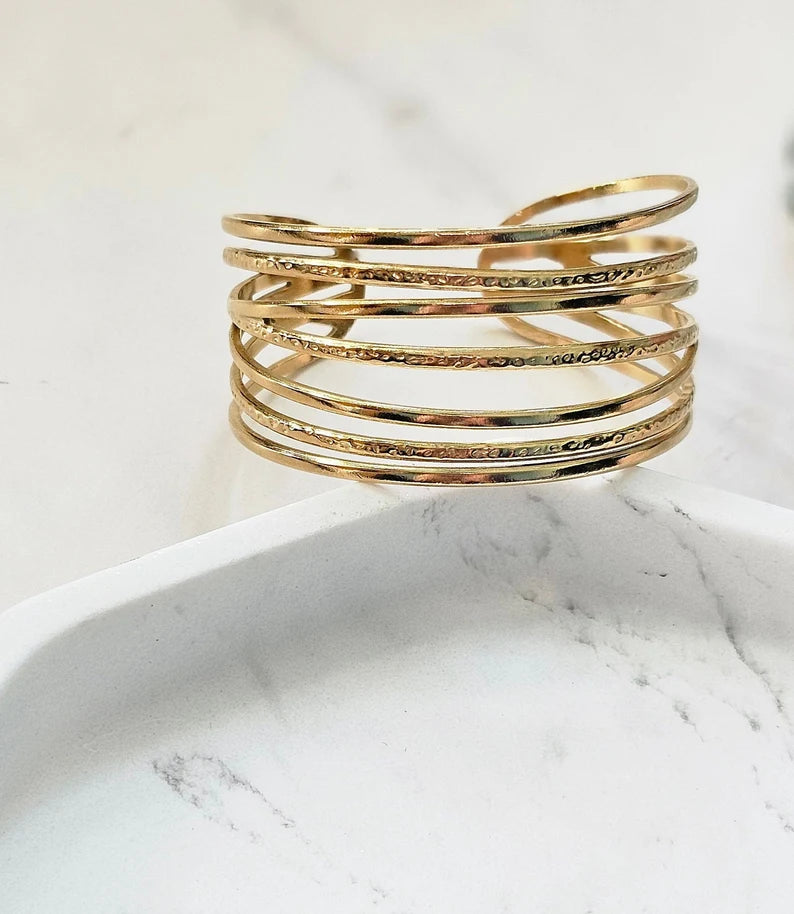 Anti-Tarnish Gold Plated Multi-Layer Cuff Bracelet | Stacked Wire Design