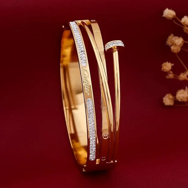 Triple Layer Nail Bangle - Gold Plated Anti-Tarnish Crystal Bracelet | Korean Style Statement Jewelry