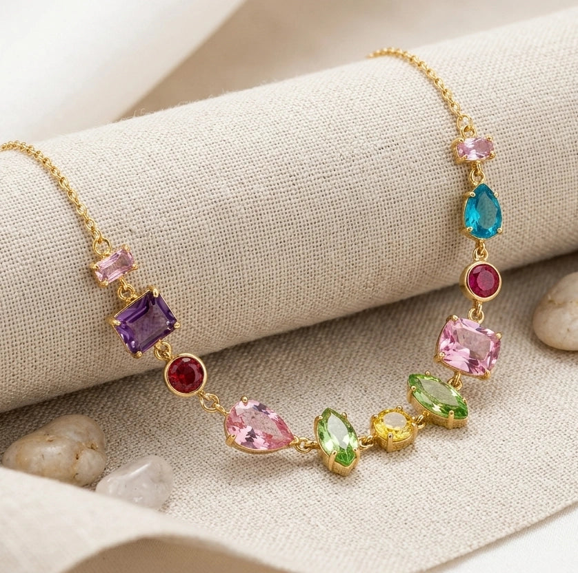 Multi-Color Stone Anti Tarnish Gold Plated Necklace | Delicate Fashion Jewelry