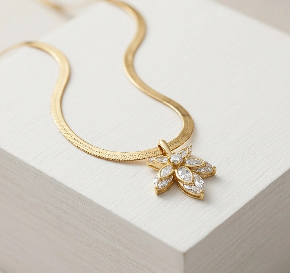 Floral Crystal Pendant Snake Chain Necklace | Anti-Tarnish Gold-Plated Fashion Jewelry