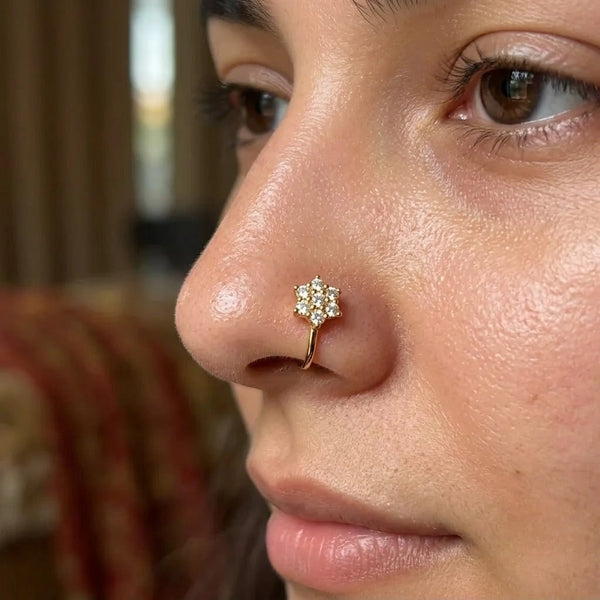 Size and dimension reference for the floral AD studded gold plated nose pin