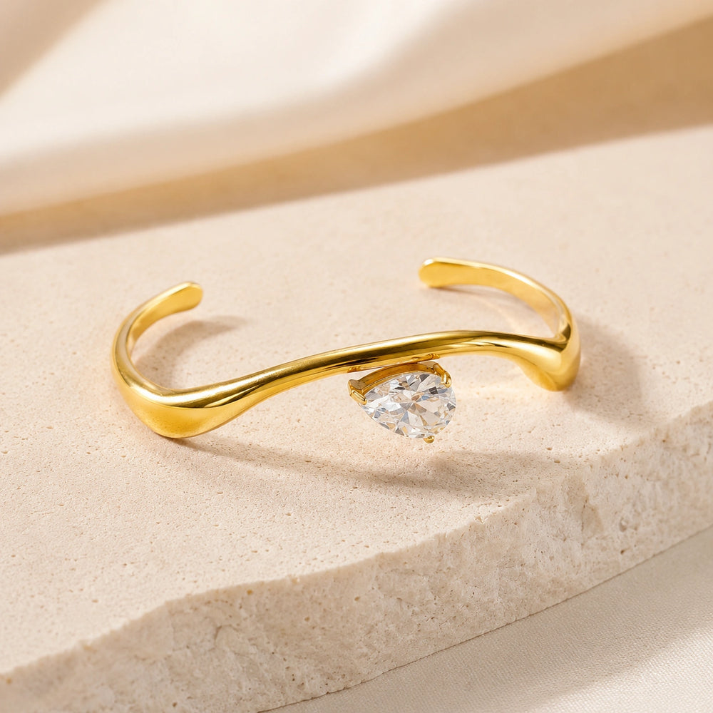 Teardrop Crystal Wavy Cuff Bracelet - Anti Tarnish Gold Plated